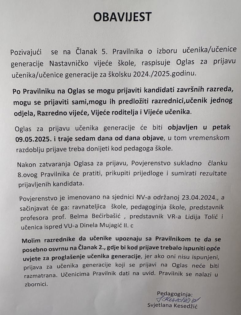 Oglas za učenika generacije