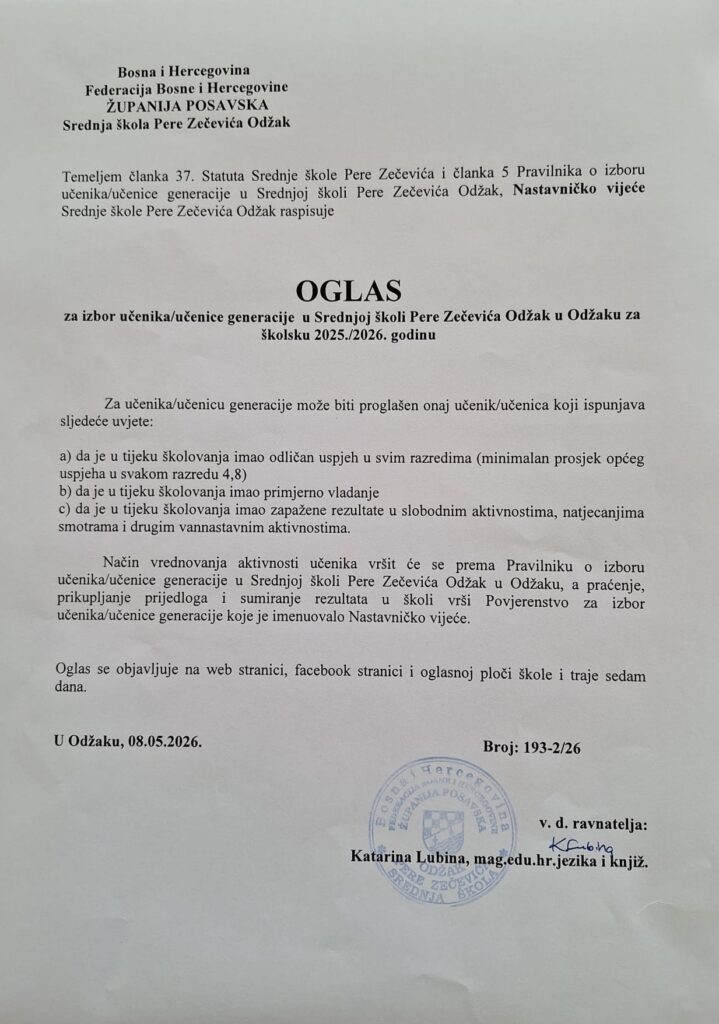 Oglas za izbor učenika generacije