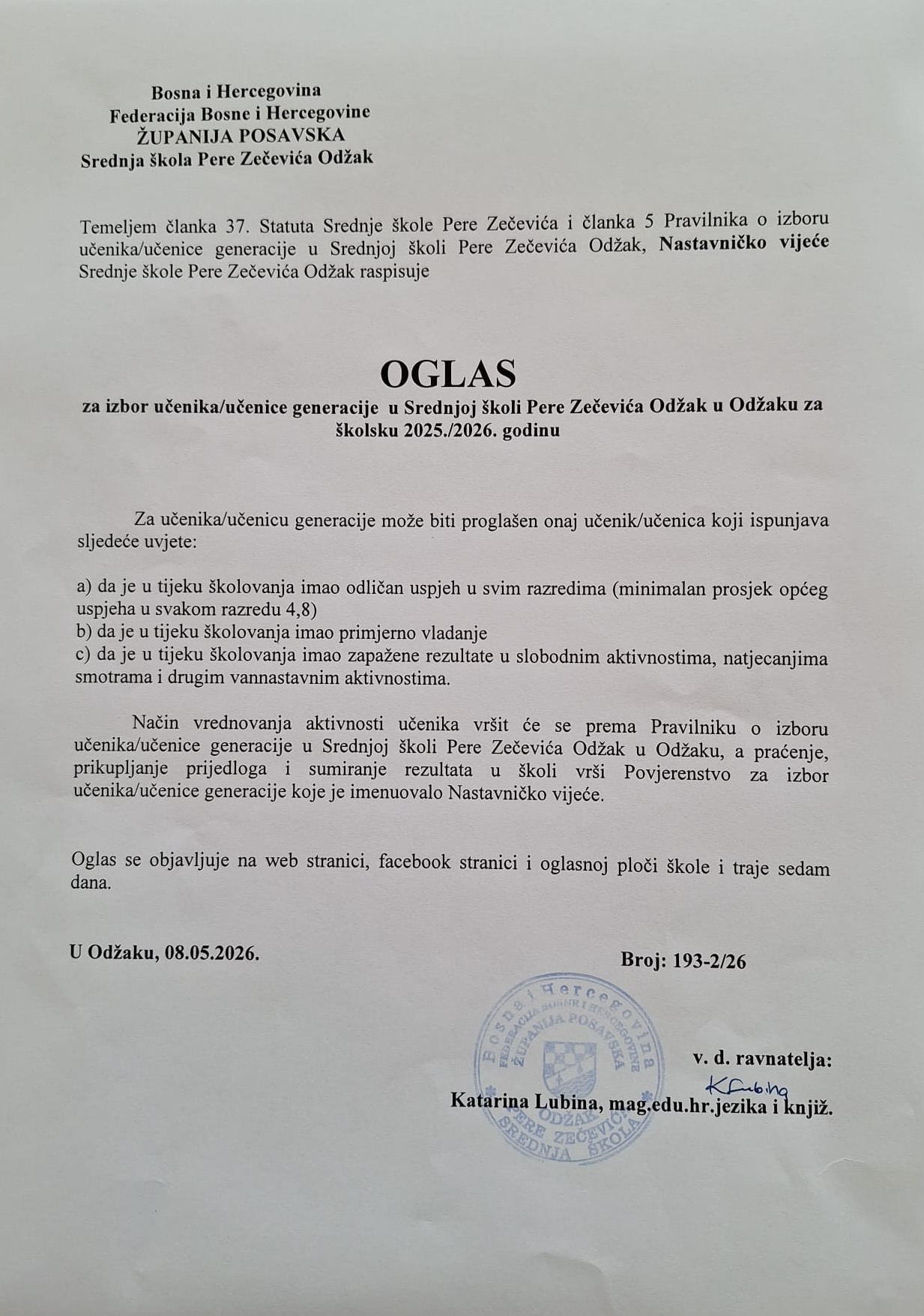 Oglas za izbor učenika generacije